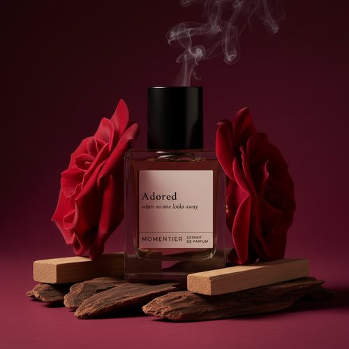 Adored rose-oud perfume bottle with scattered dried rose petals on a soft mauve background — Momentier Extrait de Parfum