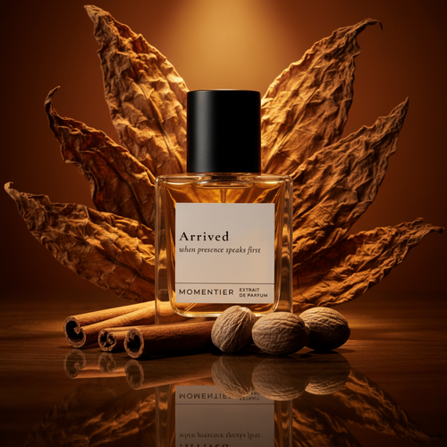 Arrived perfume bottle on a dark reflective surface with a warm golden glow — Momentier tobacco-saffron Extrait de Parfum