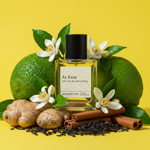 At Ease Extrait de Parfum bottle on a white marble surface — Momentier fresh unisex perfume