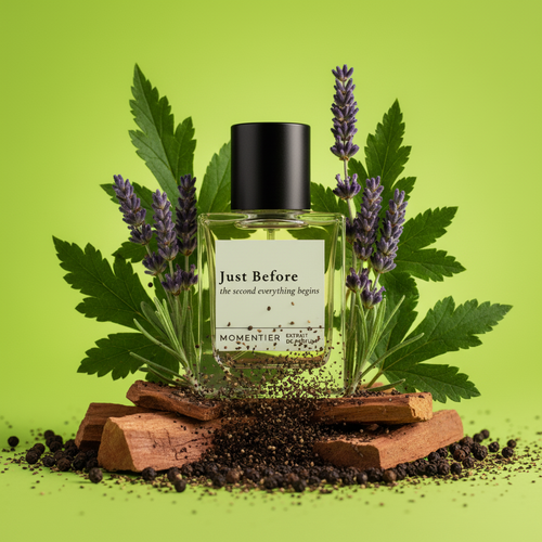 Just Before Extrait de Parfum bottle on a reflective surface with a sprig of lavender — Momentier long-lasting citrus-woody perfume