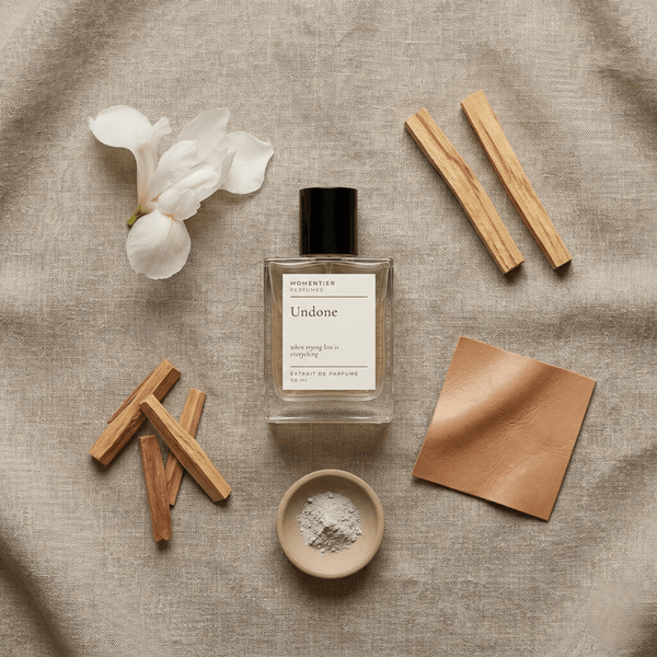 Sandalwood Cardamom Perfume — Undone - Long lasting sandalwood leather and musk extrait de parfum perfume bottle 50ml with wood and spice ingredients
