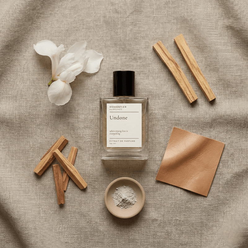 Sandalwood Cardamom Perfume — Undone  - Long lasting sandalwood leather and musk extrait de parfum perfume bottle 50ml with wood and spice ingredients