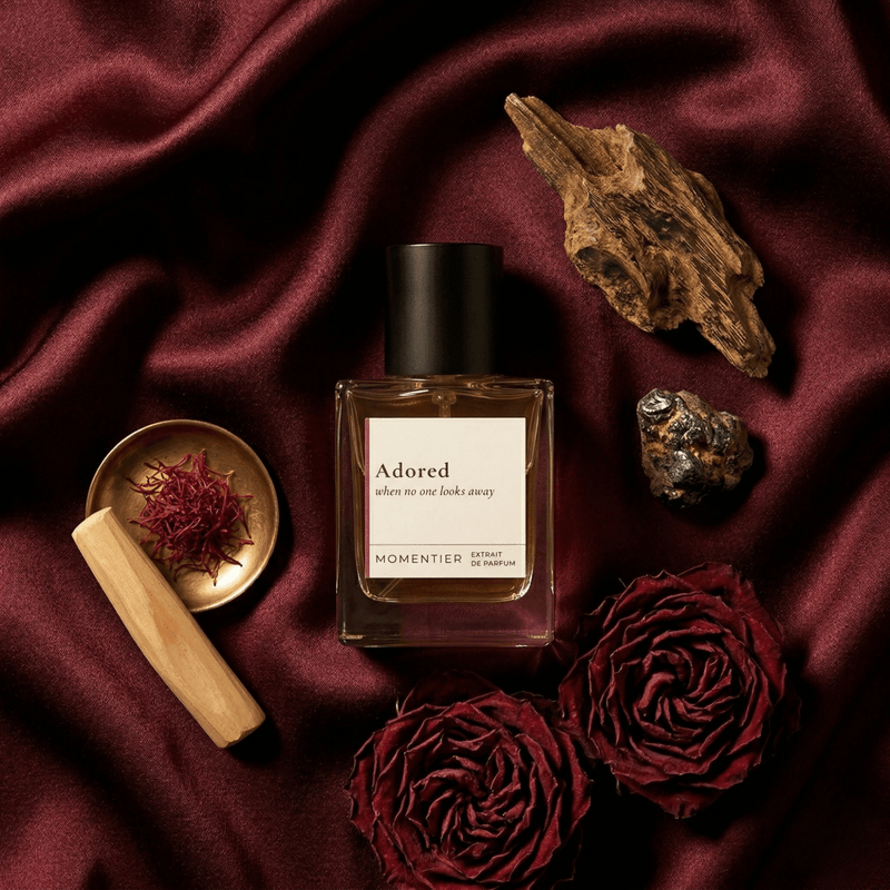 ADORED - 20ML rose oud perfume bottle on a deep burgundy silk background with dried roses and wood accents.