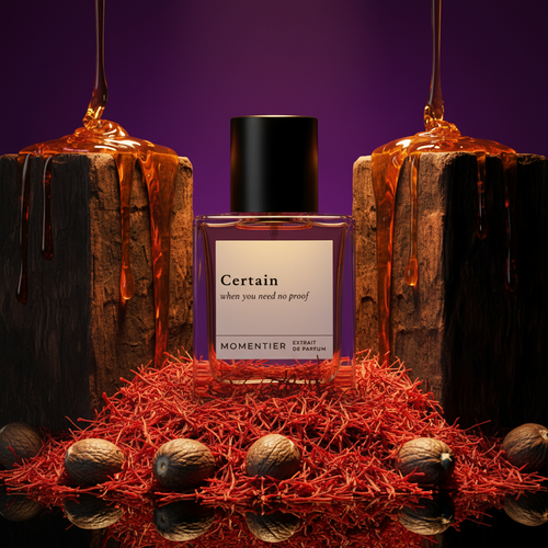 Certain oud-saffron perfume bottle in a dramatic golden spotlight on a black background — Momentier Extrait de Parfum