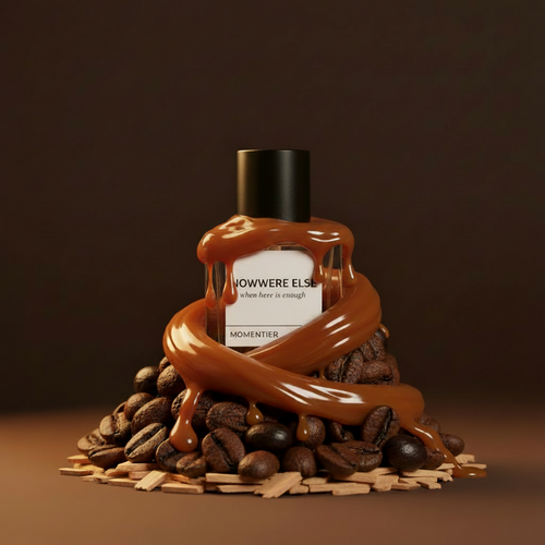 Nowhere Else perfume bottle on wood with a warm golden glow and vanilla pods — Momentier vanilla-gourmand Extrait de Parfum