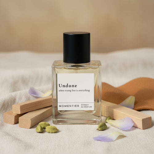 Undone Extrait de Parfum bottle with cardamom pods and sandalwood — Momentier perfume